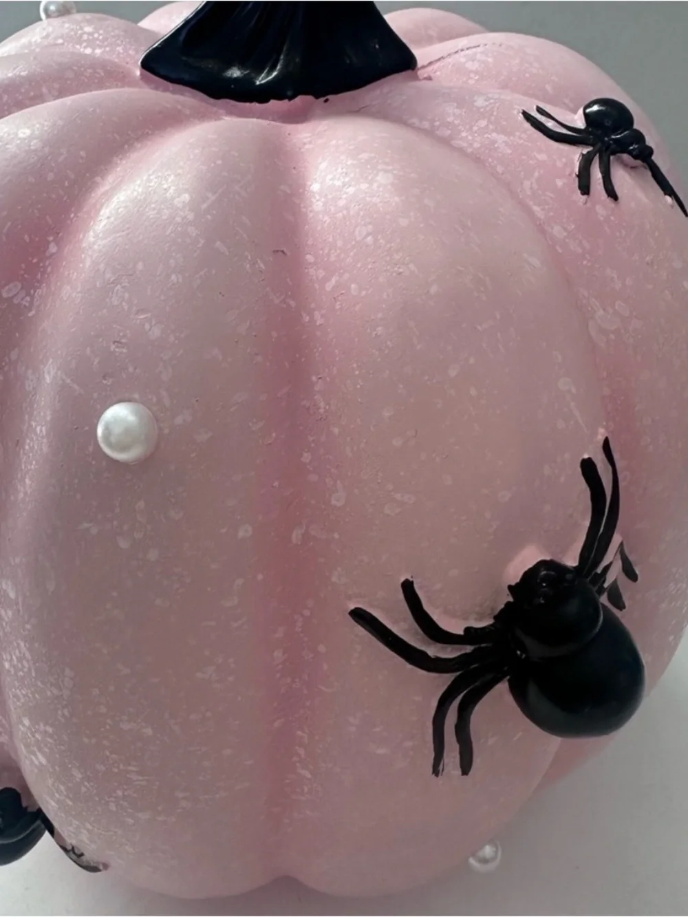 Pink Halloween Pumpkin Decor Black Spiders Faux Pearls 9.5” Tabletop